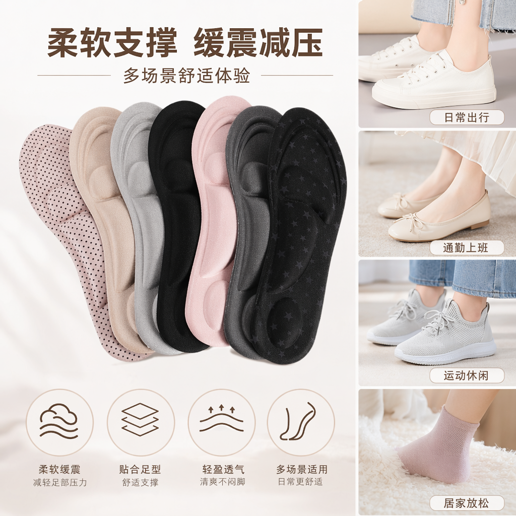The colorful 4D sponge arch massage insole is comfortable, breathable and anti-slip, suitable for both men and women