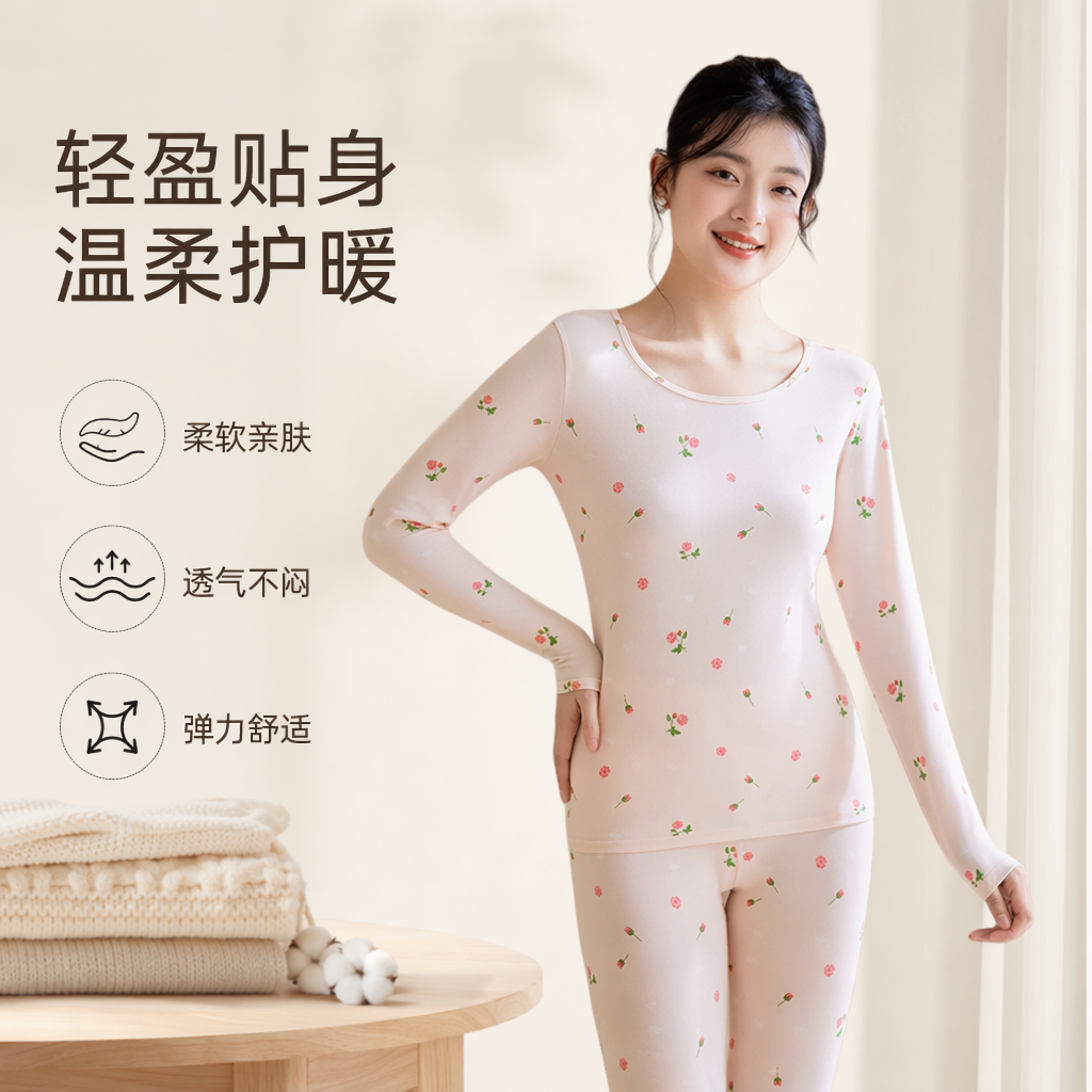 粉色碎花长袖保暖衣套装女秋冬季加厚打底衫两件套