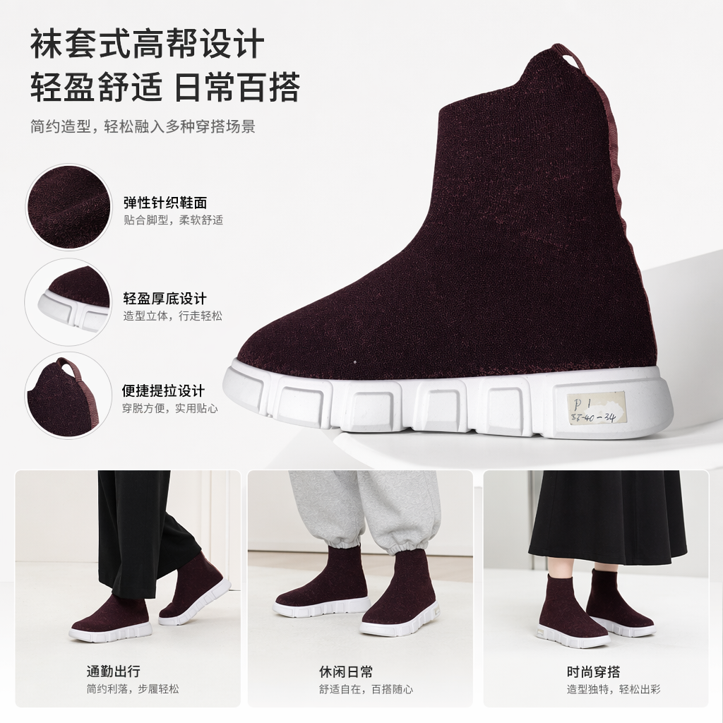 酒红色针织高帮鞋 女款休闲百搭软底保暖马丁靴图