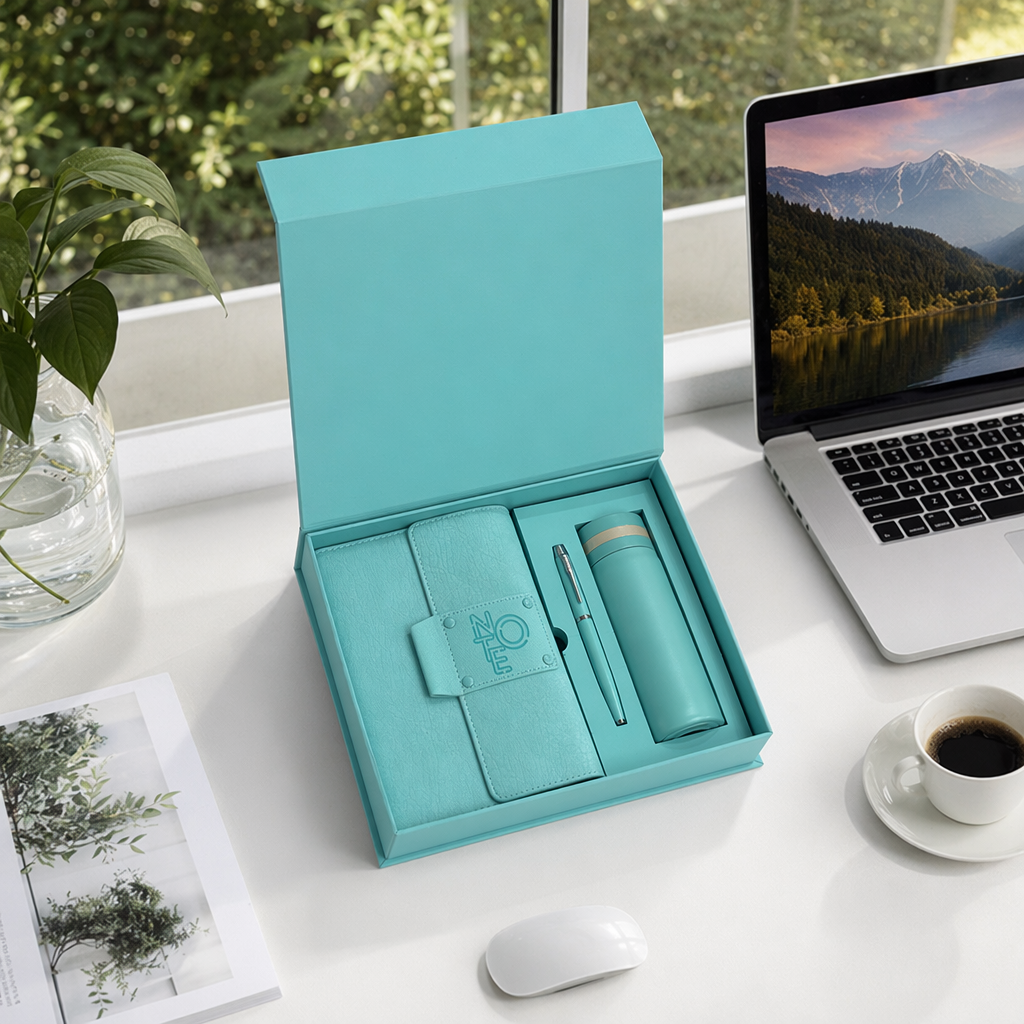 A light green gift box set of notebook, pen and thermos cup, three pieces details Picture