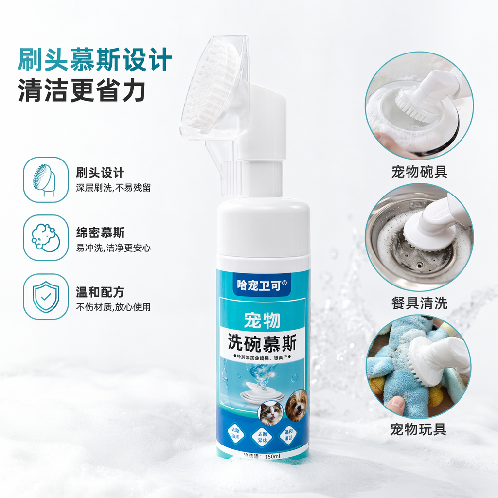 White bottle with brush head, pet dishwashing mousse, cleaning and degreasing, pet-specific foam mousse