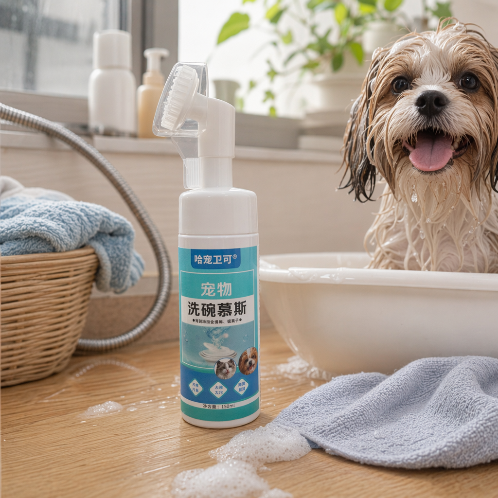 White bottle with brush head, pet dishwashing mousse, cleaning and degreasing, pet-specific foam mousse details Picture