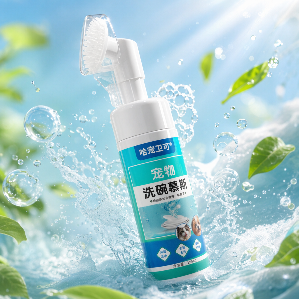 White bottle with brush head, pet dishwashing mousse, cleaning and degreasing, pet-specific foam mousse Specification image