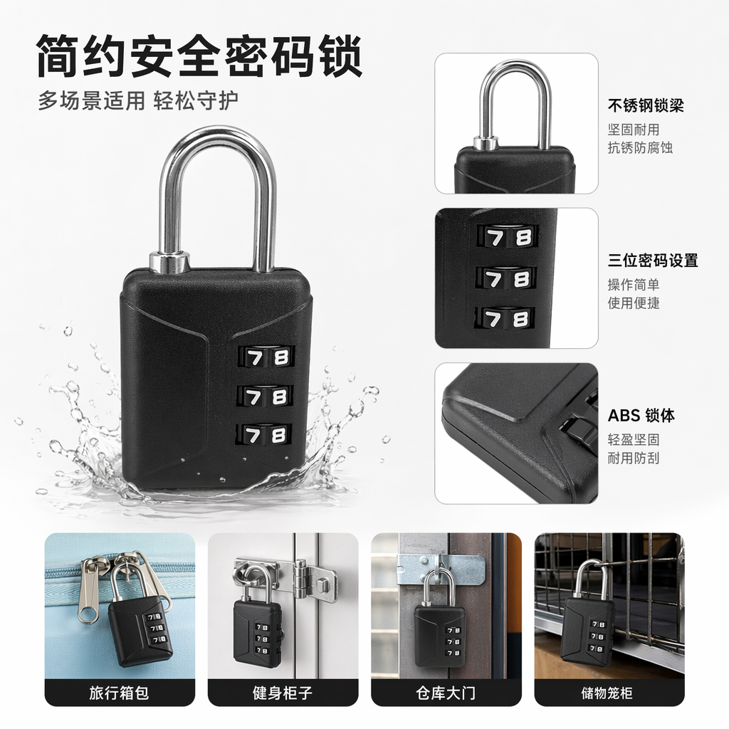 黑色密码锁 电子指纹解锁防盗挂锁 家用办公保险箱专用图