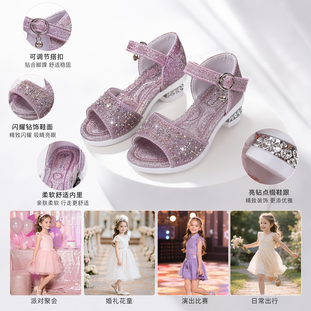 闪亮水晶装饰儿童凉鞋女童夏款透气防滑软底