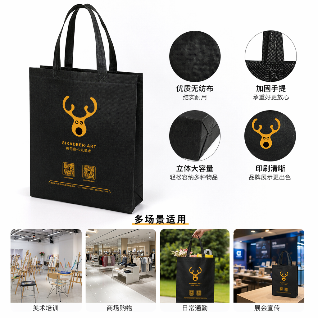 黑色手提袋 袋身印黄色鹿头图案 SIKADEER ART 梅花鹿 少儿美术