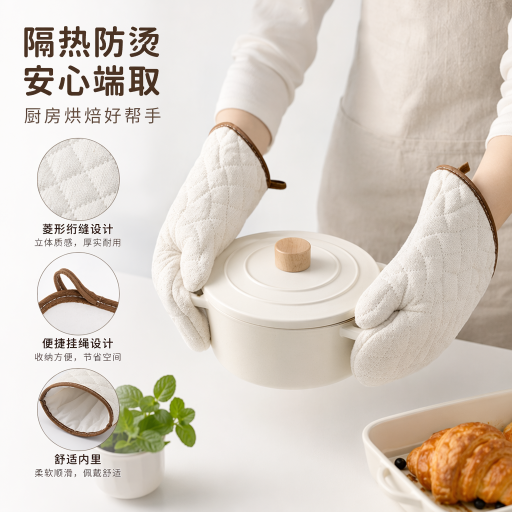 白色菱格纹烤箱手套 防烫隔热加厚棉麻厨房烘焙用品