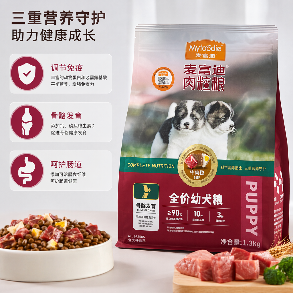 麦富迪红白相间包装袋幼犬粮肉粒粮图