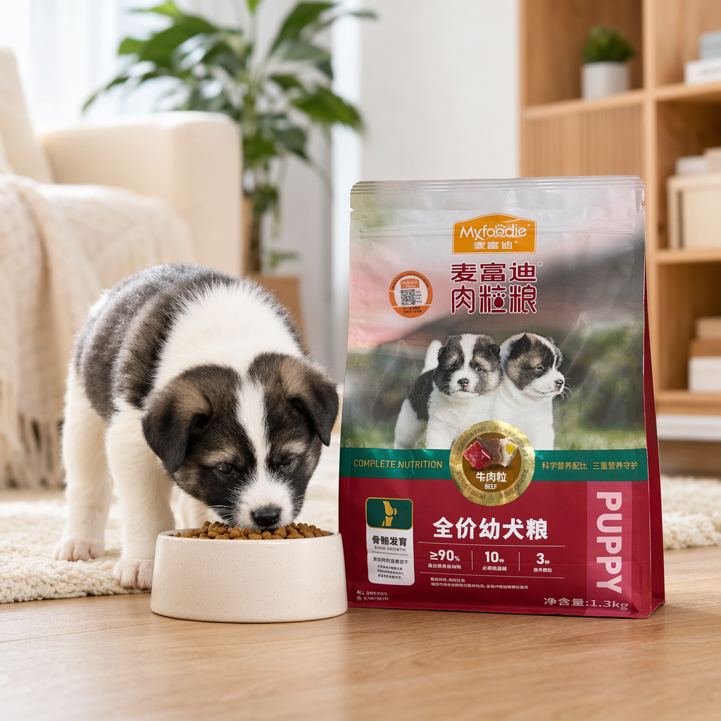 红白相间包装袋+麦富迪肉粒粮幼犬粮产品图