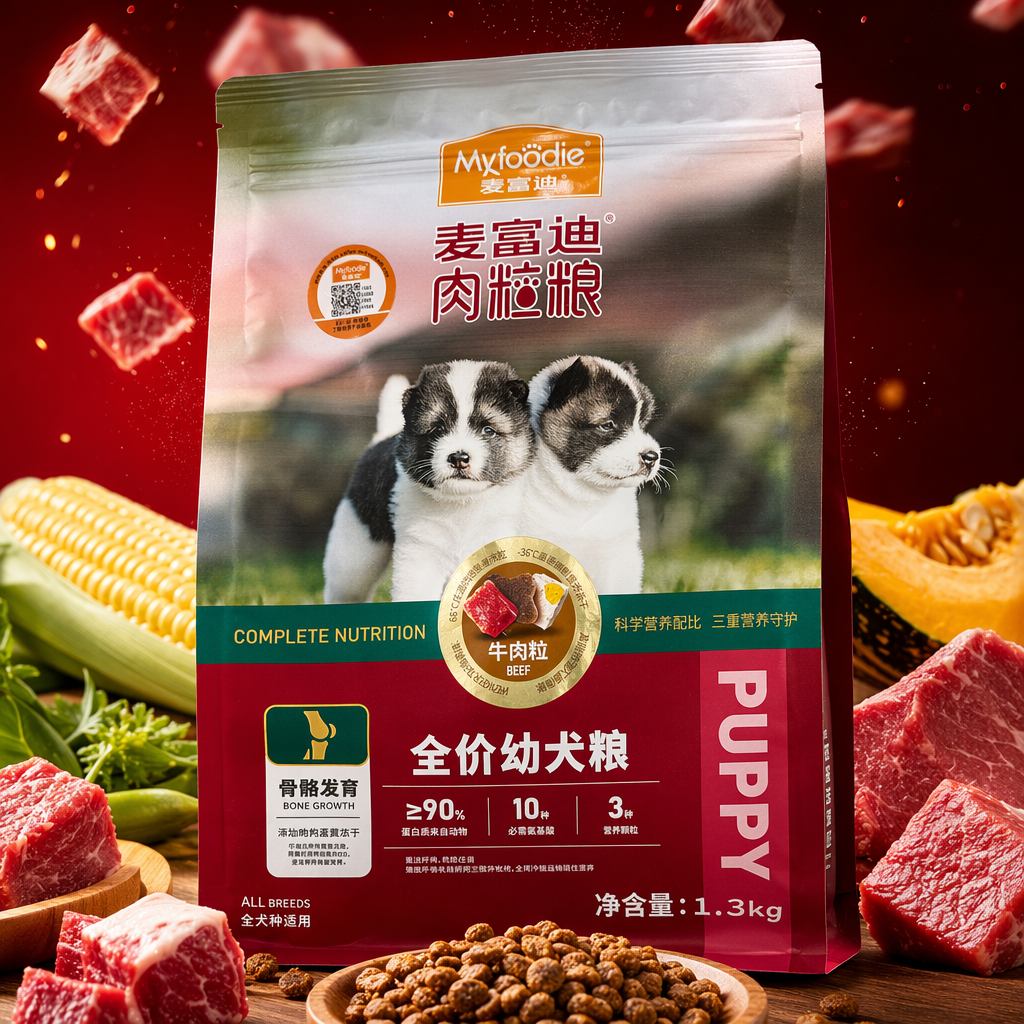 红白相间包装袋+麦富迪肉粒粮幼犬粮细节图
