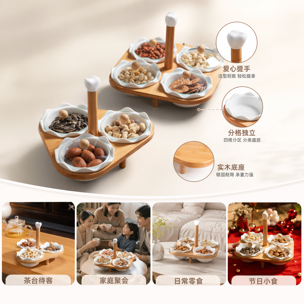 木质多层分格零食盘配白色花瓣形小碗盛放坚果干果