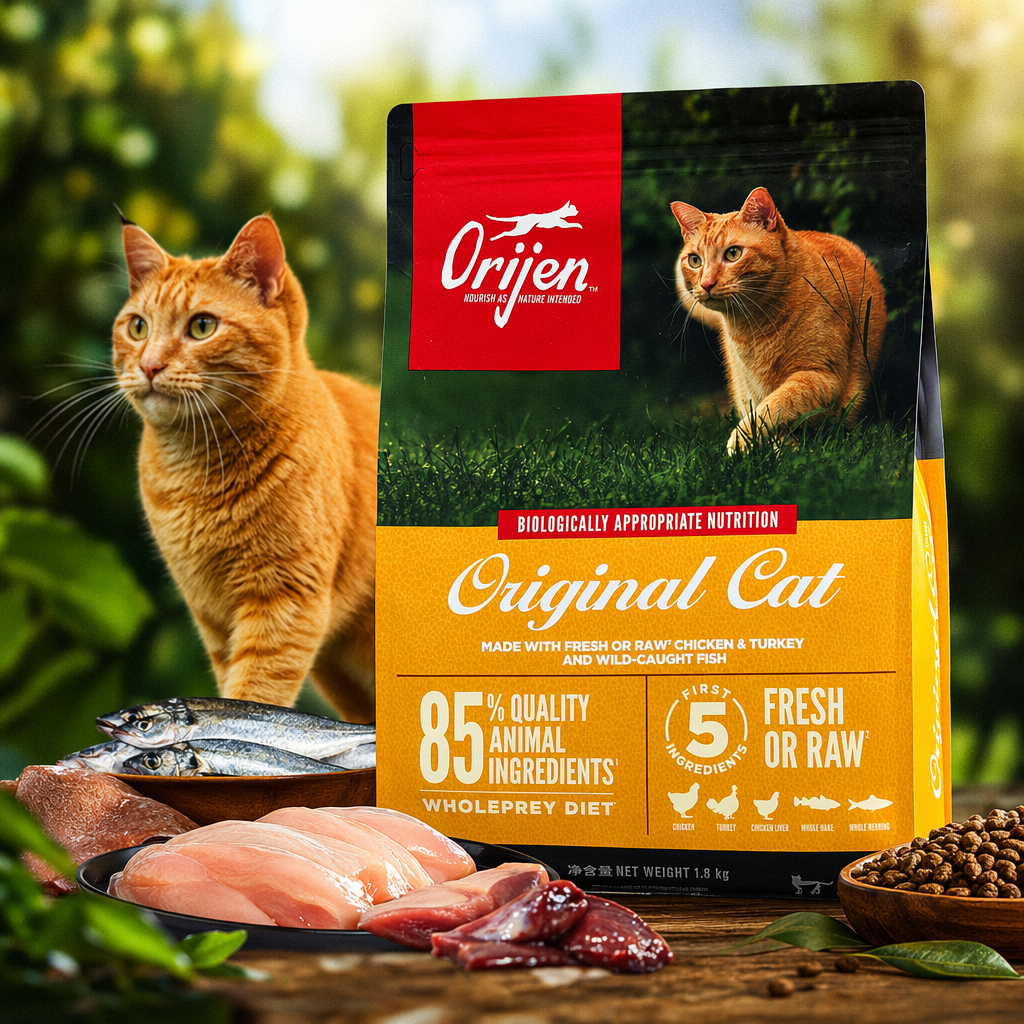 The Orange Cat Food Bag is a pet food storage bag designed for an orange cat on the grass Specification image