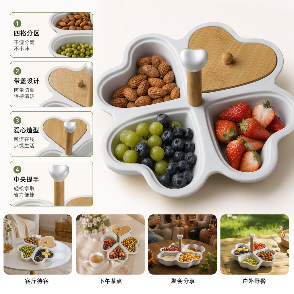 白色四叶草分格餐盘配木质盖子手柄 内盛葡萄青豆草莓