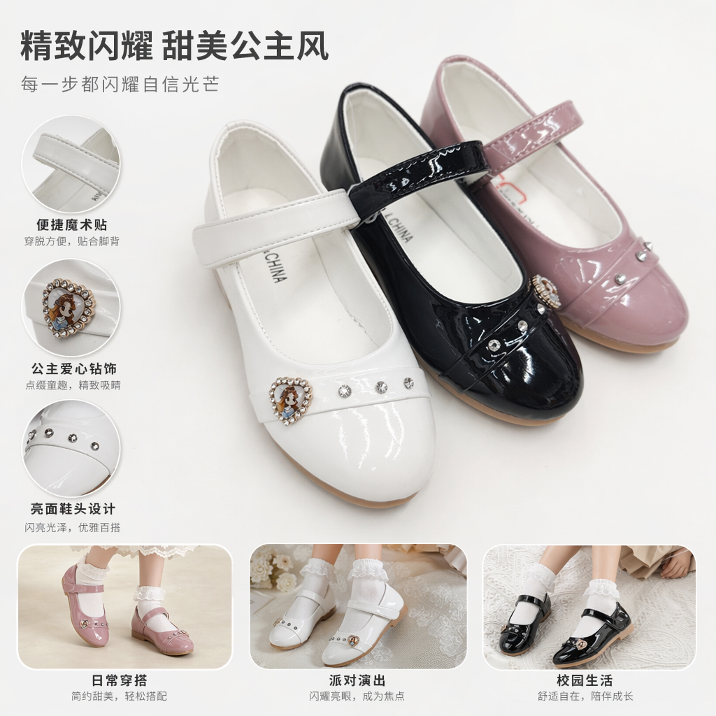 白色儿童玛丽珍鞋 小皮鞋女童公主风圆头搭扣单鞋