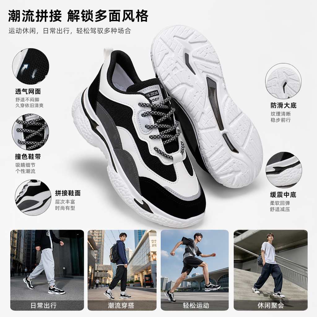 黑白拼色厚底运动鞋女休闲百搭透气轻便减震