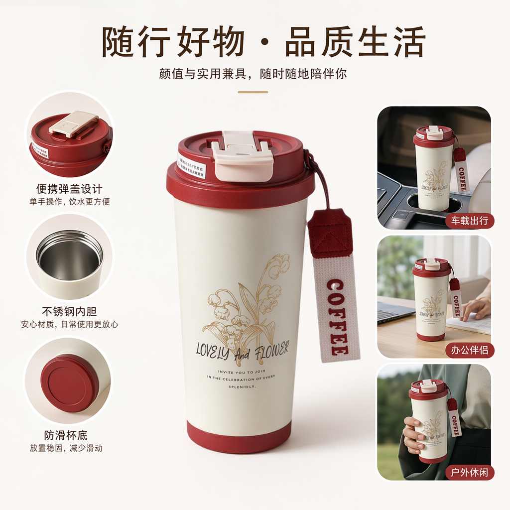 Beige insulated cup with red lid AND bottom, golden flowers LOVELY AND FLOWER coffee lanyard