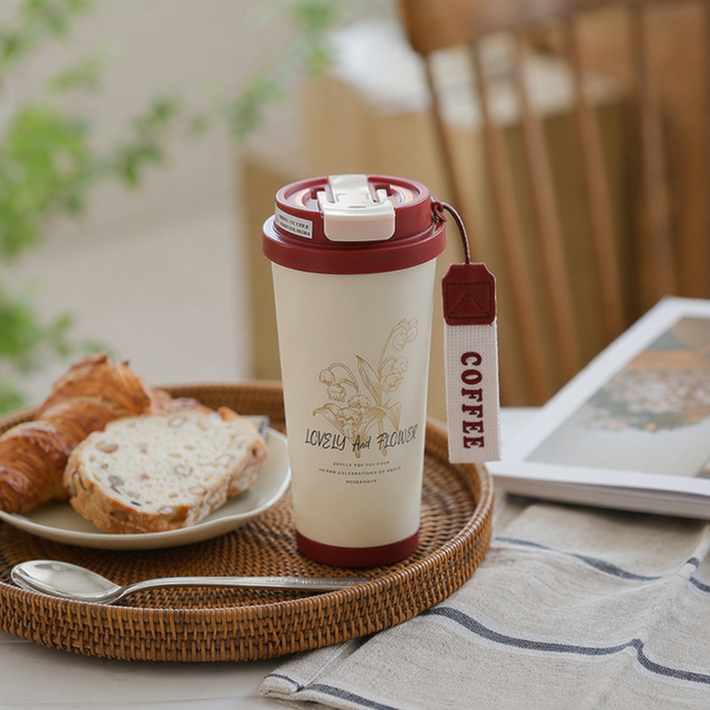 Beige insulated cup with red lid AND bottom, golden flowers LOVELY AND FLOWER coffee lanyard details Picture
