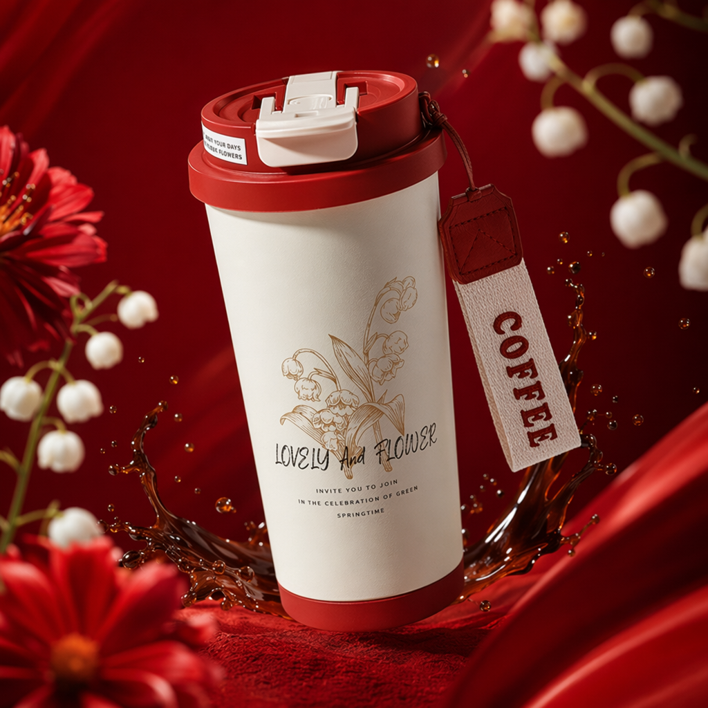 Beige insulated cup with red lid AND bottom, golden flowers LOVELY AND FLOWER coffee lanyard Specification image