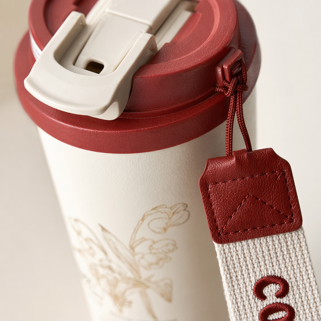 Beige insulated cup with red lid AND bottom, golden flowers LOVELY AND FLOWER coffee lanyard Application Scenario