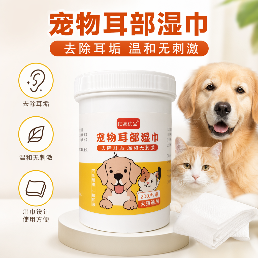 哈高优品白色罐装宠物耳部湿巾200片犬猫通用去耳垢温和无刺激