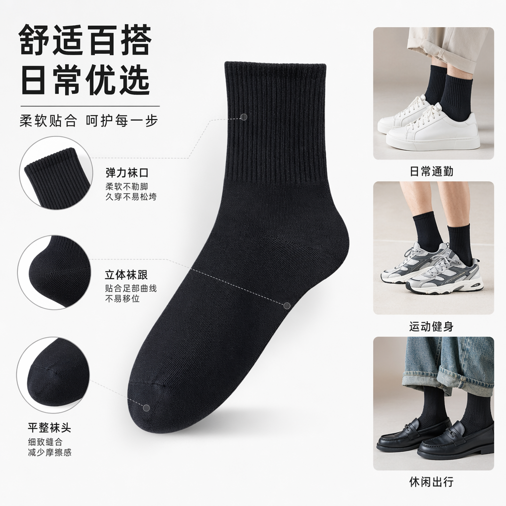 黑色棉氨混纺袜子 男女同款中筒防滑吸湿透气