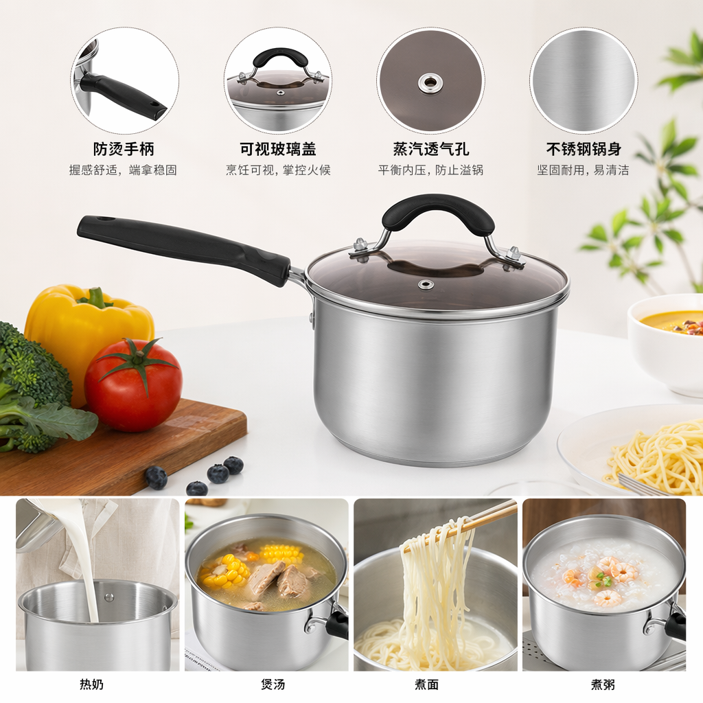 银色锅具带黑色手柄透明盖 家用煎炒炖煮多功能不粘锅