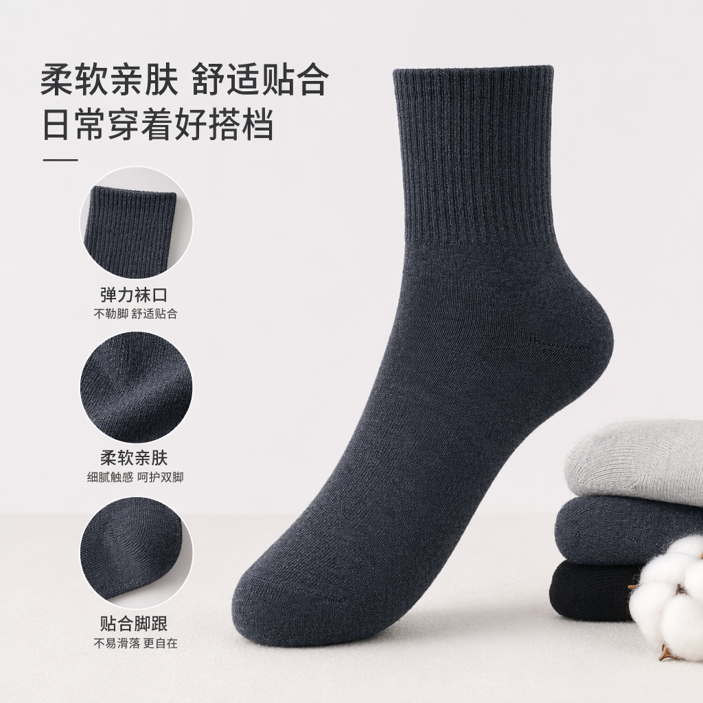 深灰色针织袜子 男女同款纯棉舒适透气中筒袜