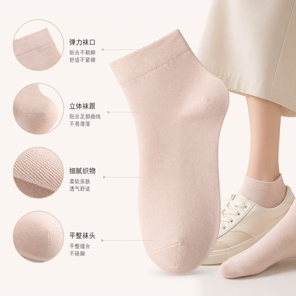 浅粉色纯棉女士中筒袜舒适透气百搭