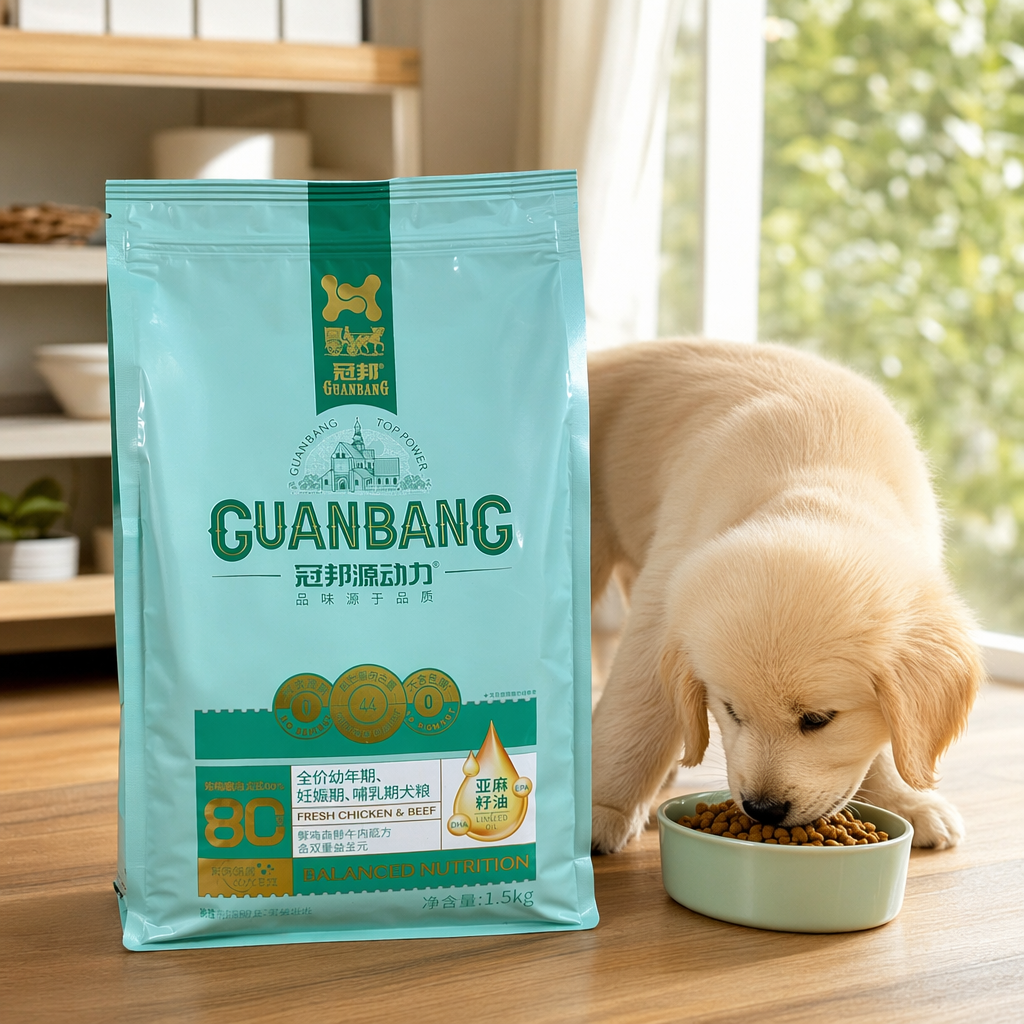 The light green packaged dog food is natural and grain-free, specially designed for adult dogs with balanced nutrition details Picture