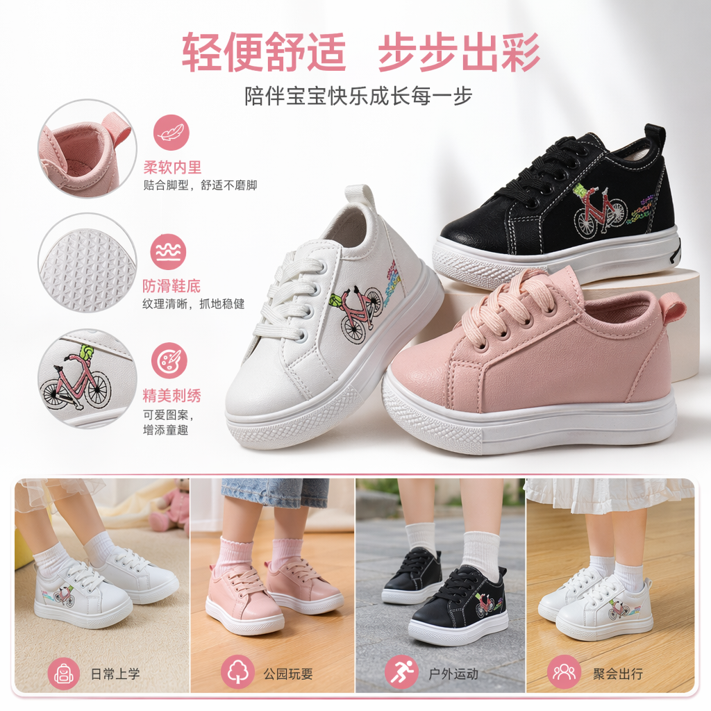 三双儿童休闲鞋黑色白色粉色彩色自行车刺绣图