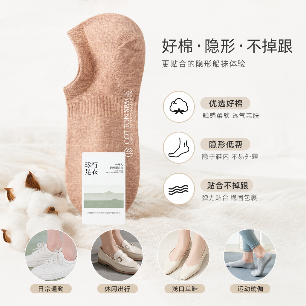 西瓜红浅口袜 女士纯棉吸汗防滑船袜 3双装图
