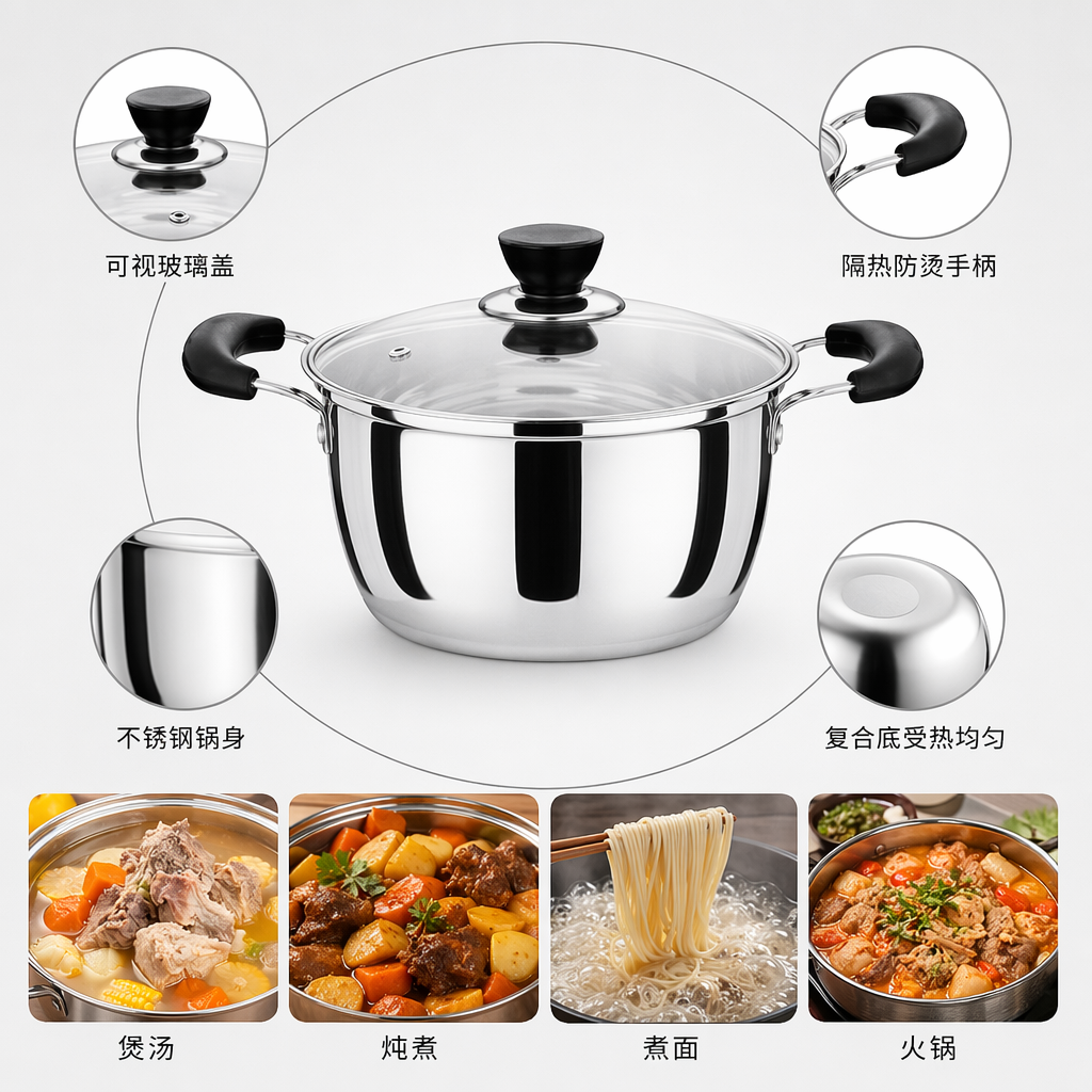 银色不锈钢锅配透明玻璃盖家用炒锅煎锅汤锅