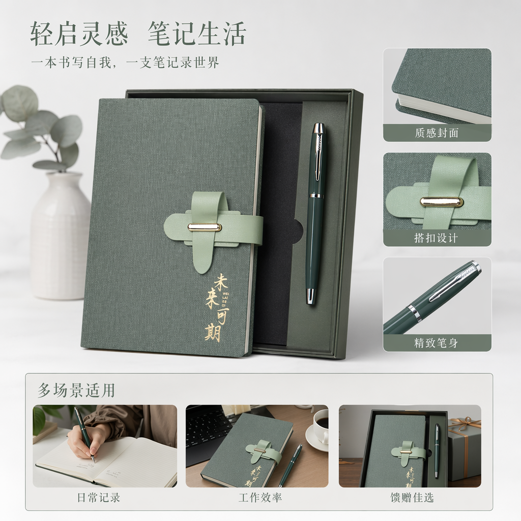 绿色笔记本套装 含绿色皮质扣带笔记本同色系钢笔