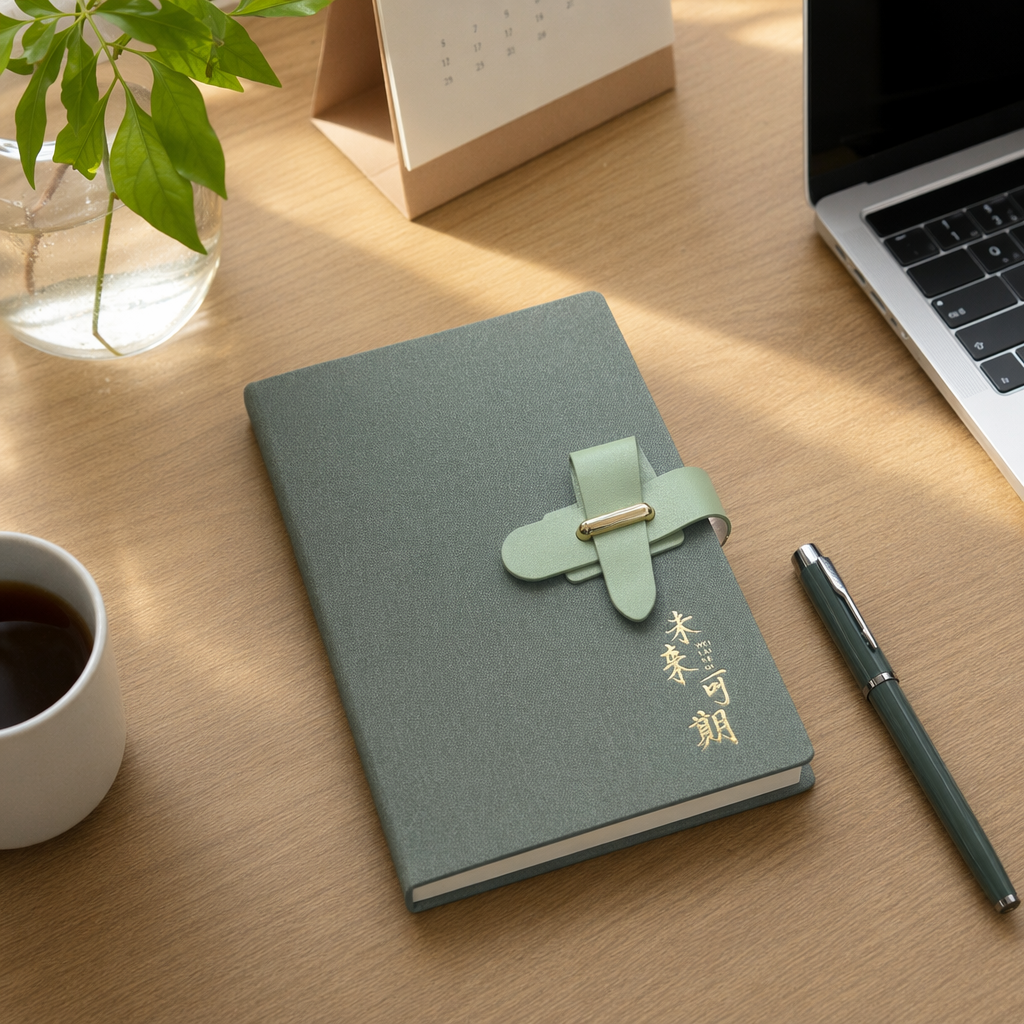 The green notebook set includes a pen of the same color as the green leather buckle notebook details Picture