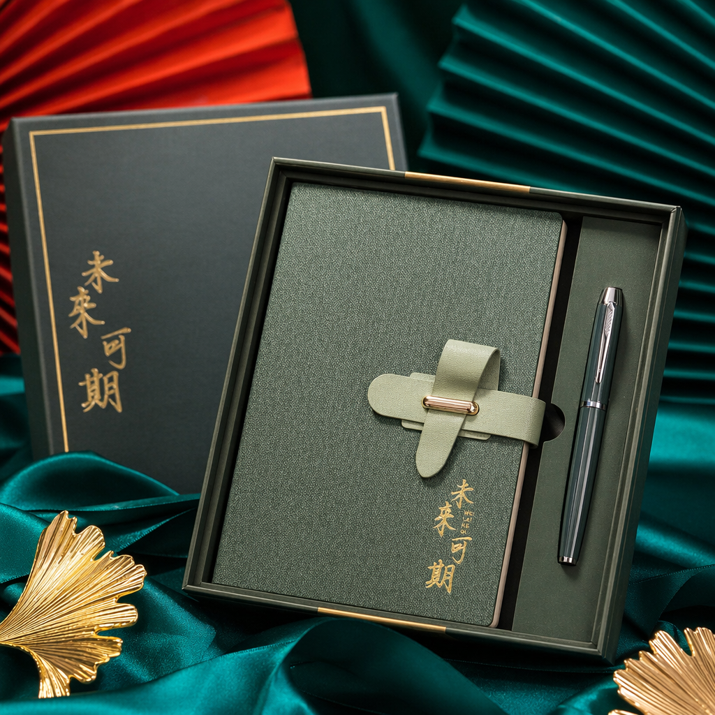 The green notebook set includes a pen of the same color as the green leather buckle notebook Specification image