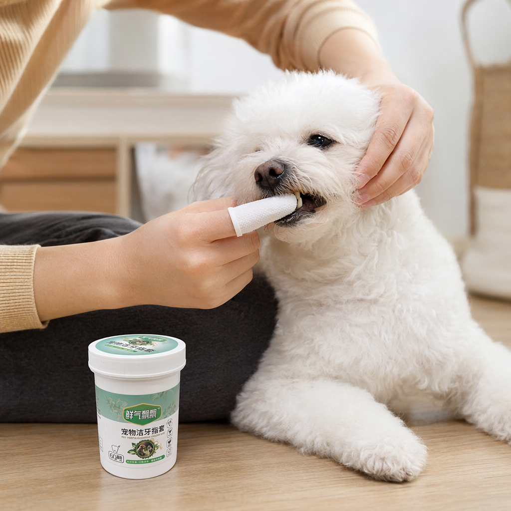 White container pet teething finger cots, silicone soft for cleaning tartar, suitable for both dogs and cats details Picture