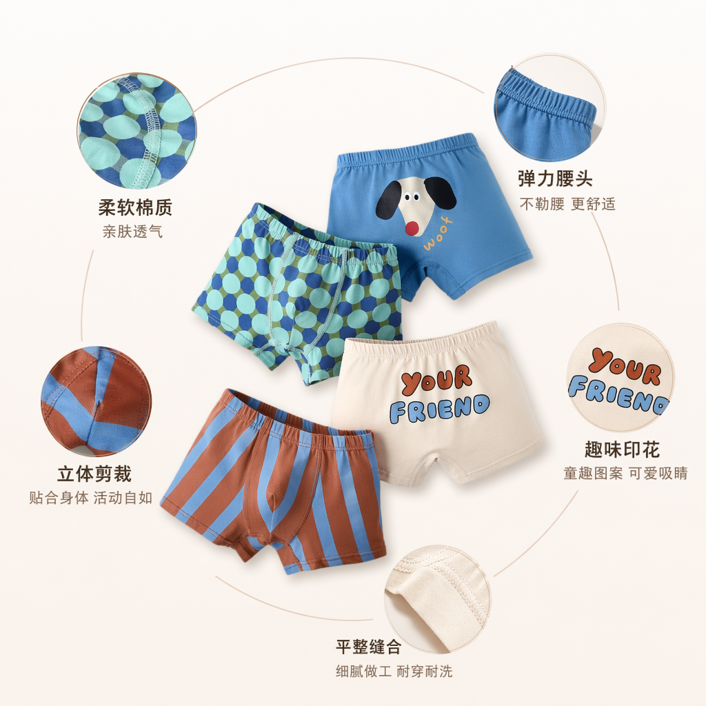 彩色儿童内裤四条装 蓝底小狗 绿蓝波点 米白your FRIEND 棕蓝条纹
