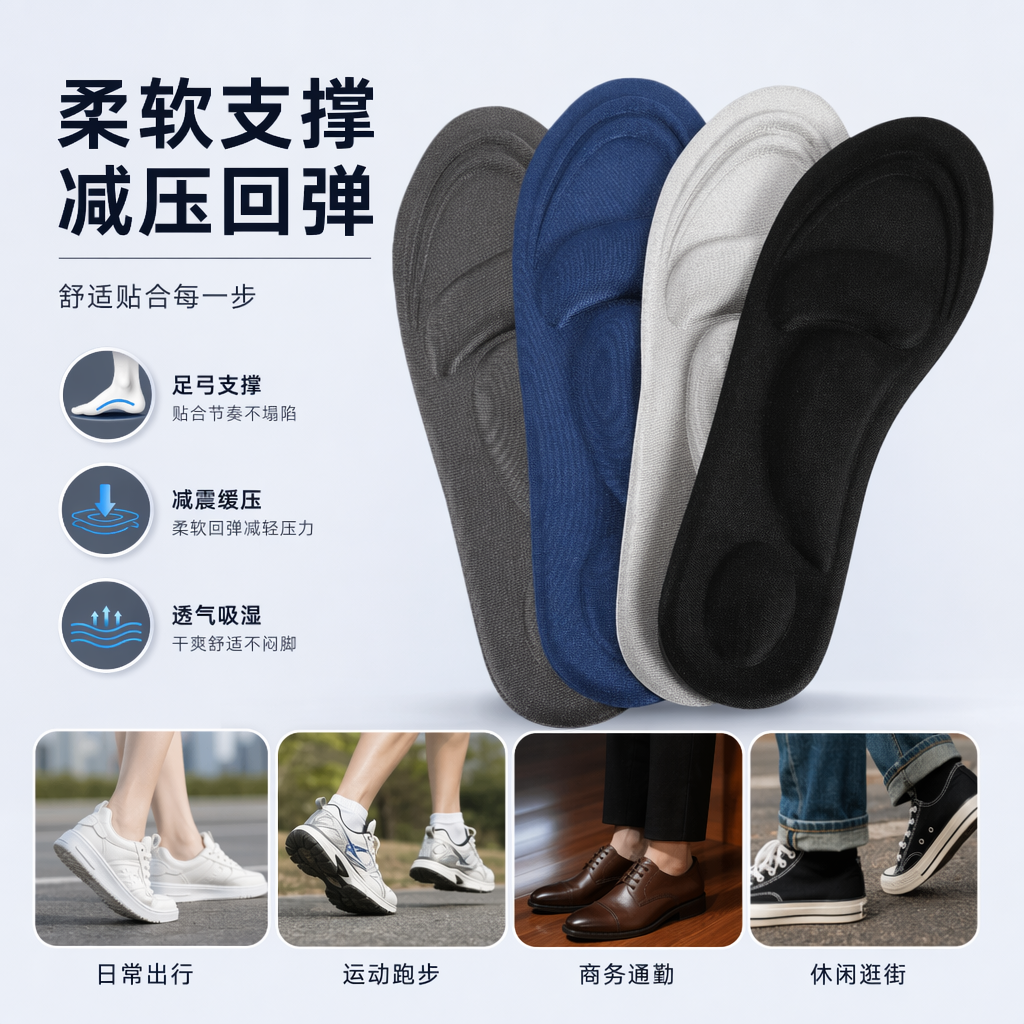 The four-color 4D sponge arch massage insoles offer comfortable support, shock absorption and breathability, suitable for both men and women