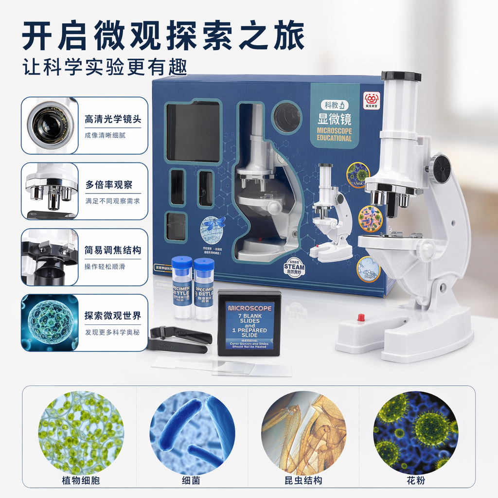 蓝色包装盒显微镜玩具儿童科学实验器材放大观察
