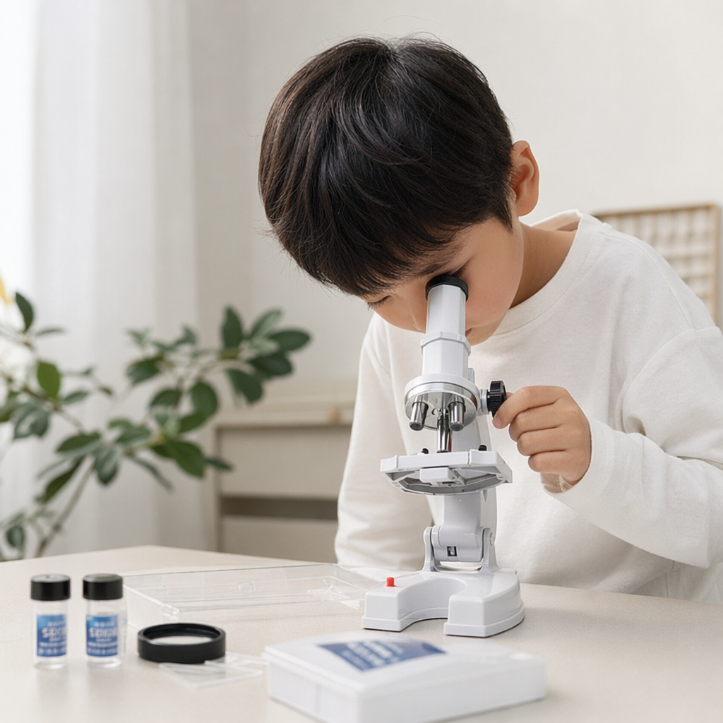 Blue packaging box microscope toy, children's science experiment equipment, magnifying observation details Picture