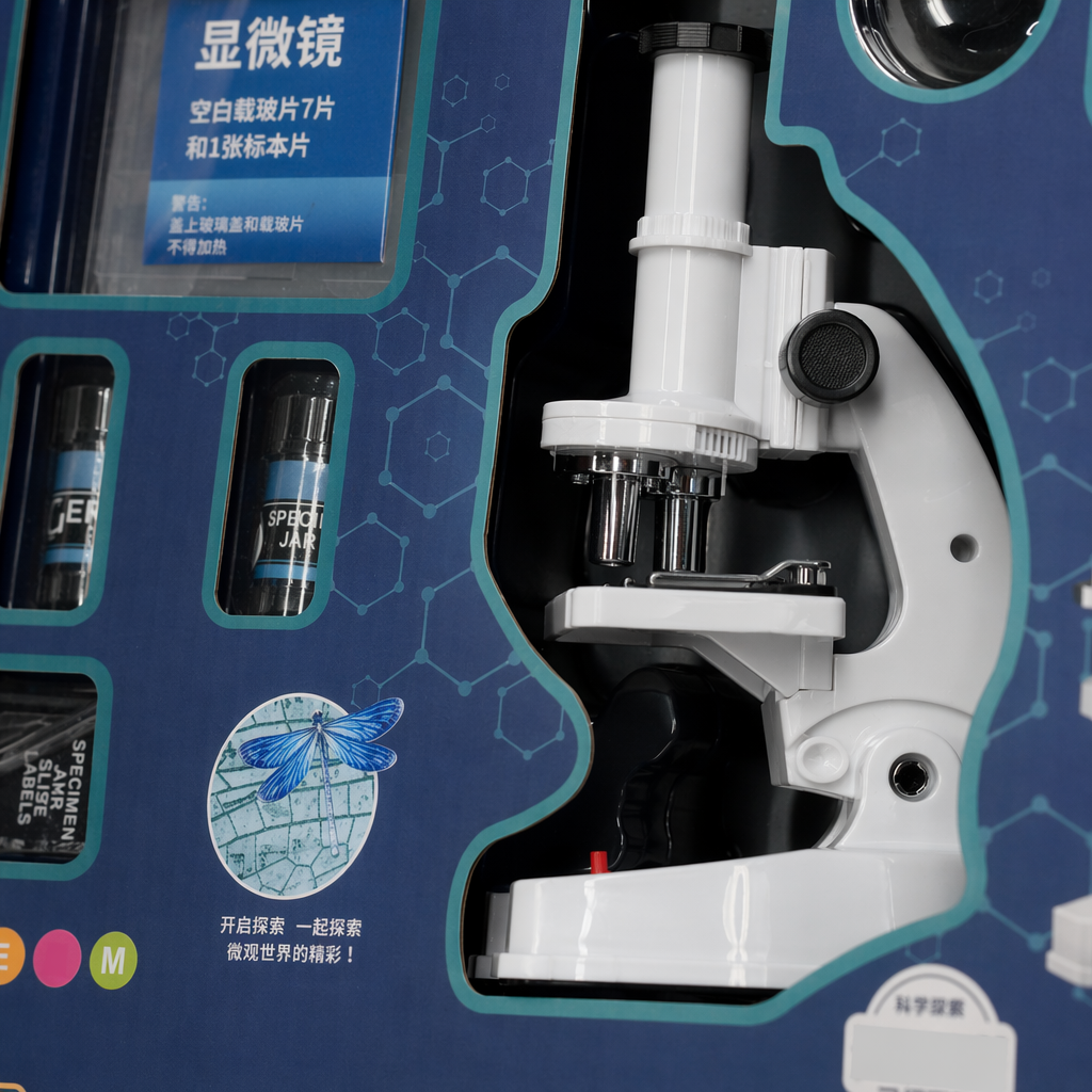 Blue packaging box microscope toy, children's science experiment equipment, magnifying observation Application Scenario