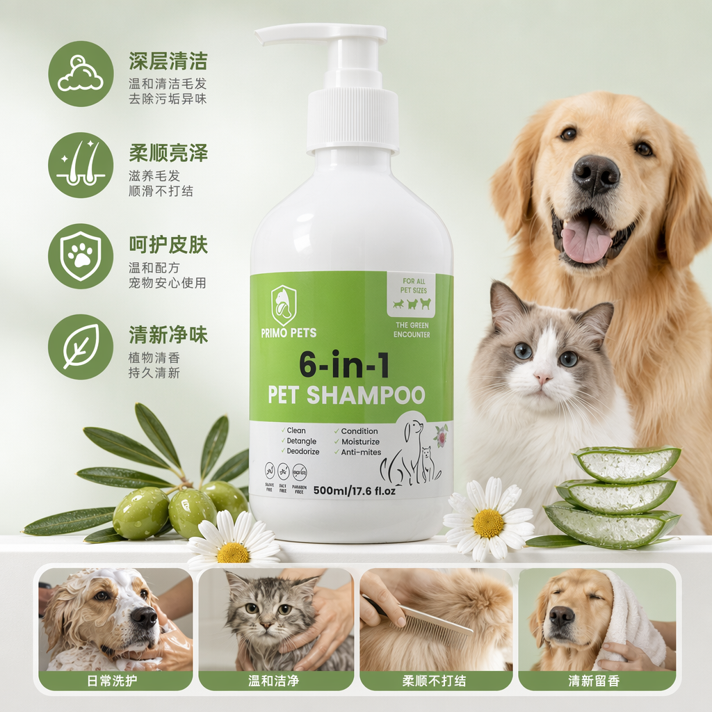 白色瓶身带绿色标签6-in-1宠物洗发水