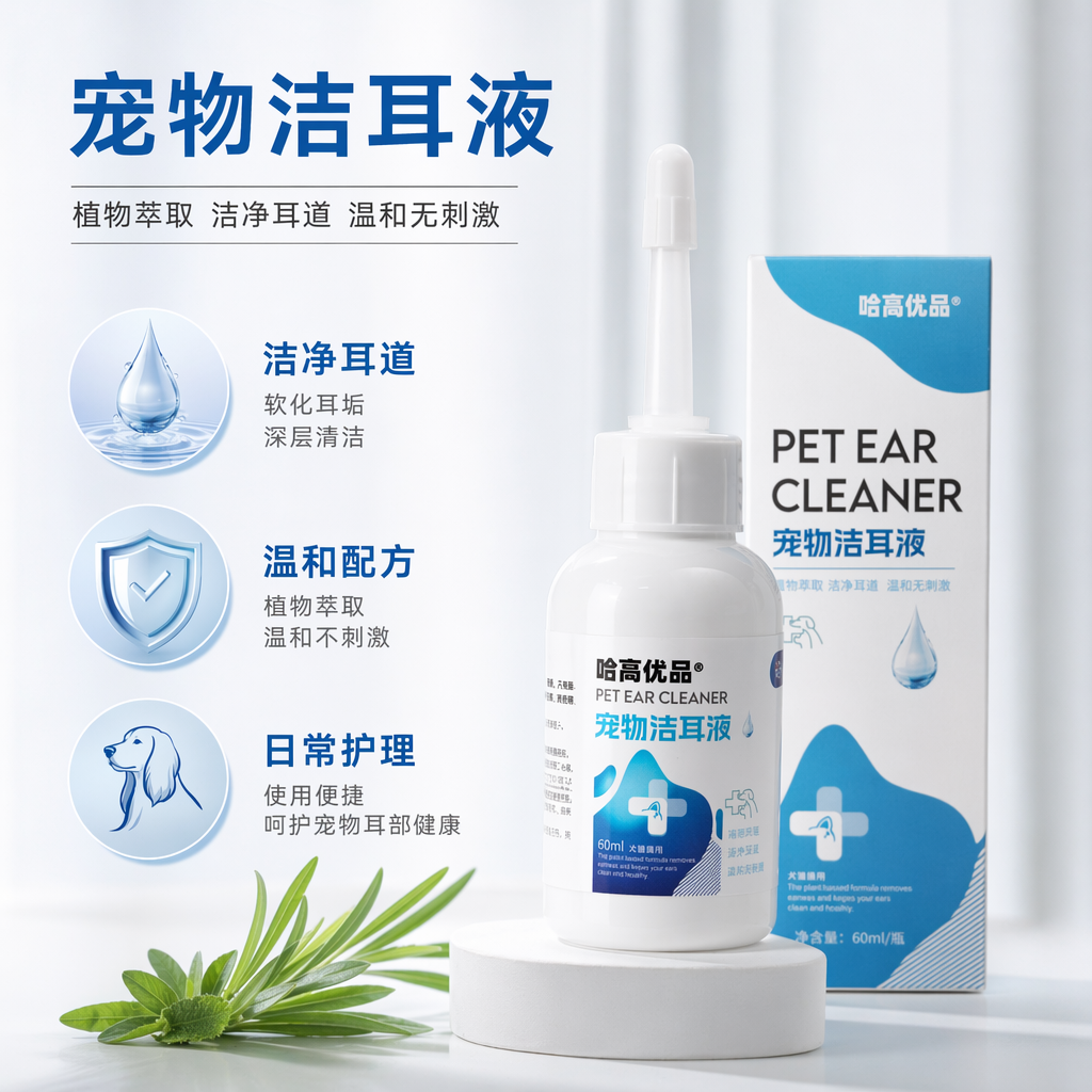 The blue and white packaging box of pet-specific ear cleaning liquid is gentle and non-irritating for cleaning the ear canal
