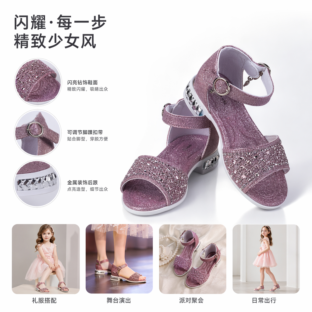 闪亮水晶装饰凉鞋女夏季透气防滑平底休闲鞋