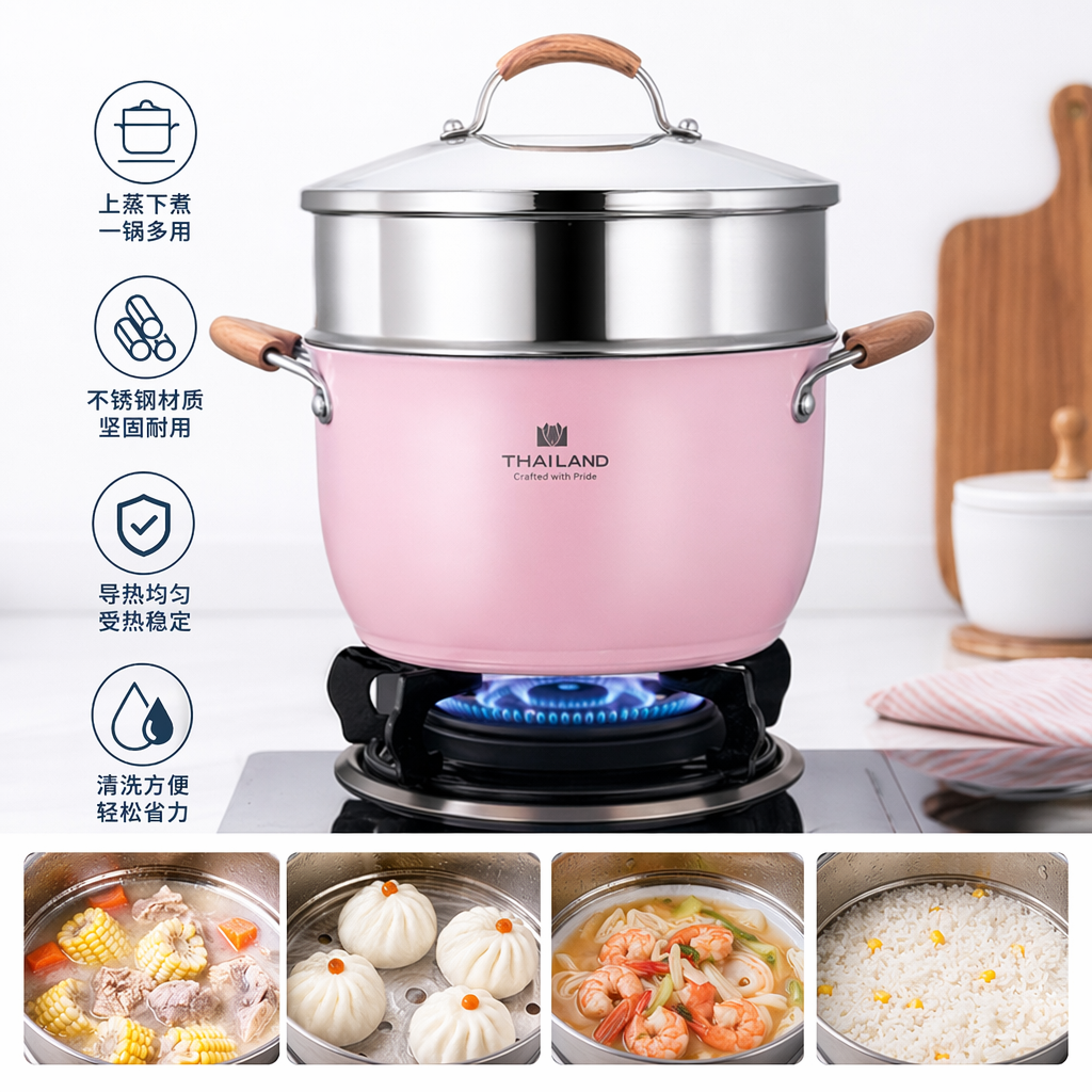 粉色双层蒸锅家用不锈钢蒸笼带盖多功能厨房炊具