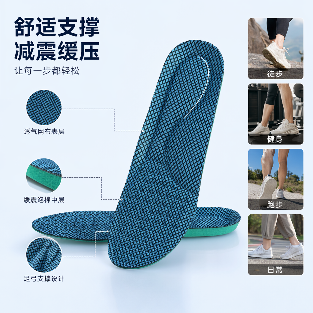 The blue grid shock-absorbing thickened insoles are unisex, breathable, pressure-reducing, comfortable and height-increasing