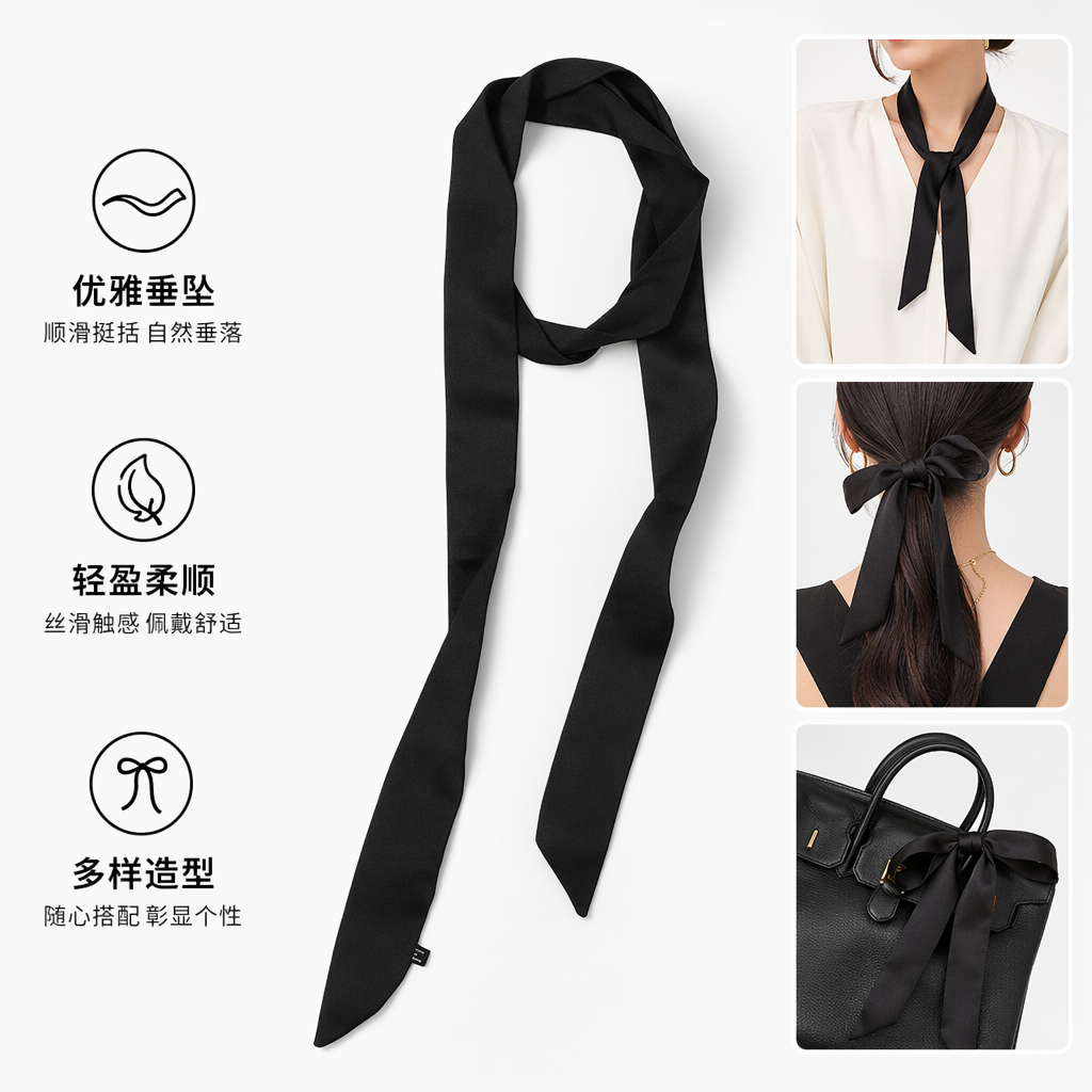黑色真丝丝巾女士秋冬百搭长款围巾时尚显瘦