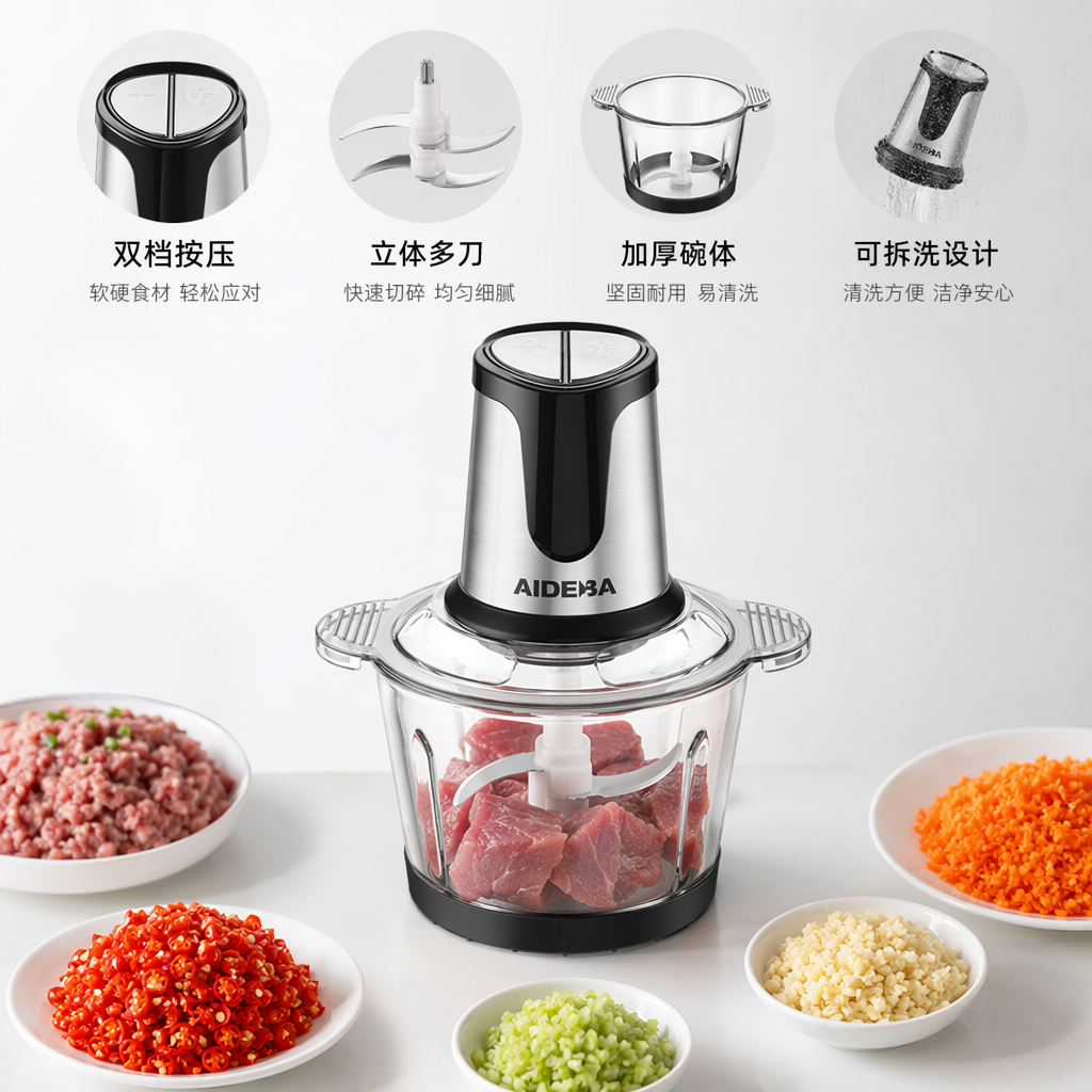 黑色家用多功能搅拌机 静音破壁绞肉打蛋碎冰研磨一体
