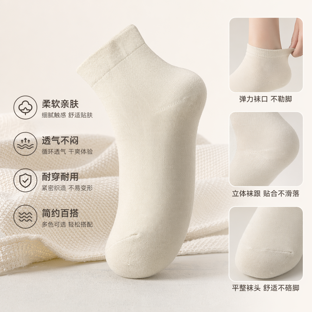 米色纯棉短袜 男女同款透气吸汗运动休闲袜