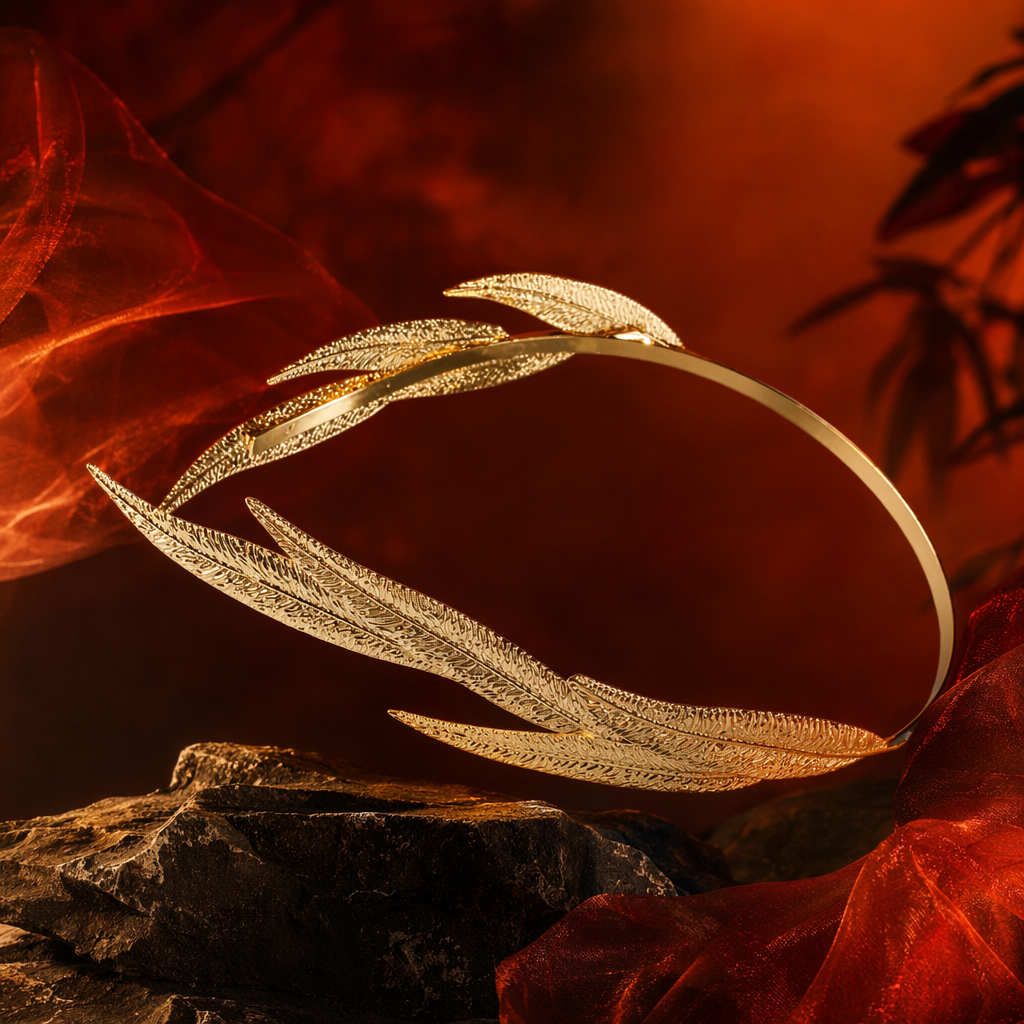 Golden leaf-shaped headwear with artificial plant decoration is a light and breathable wedding accessory for brides Specification image
